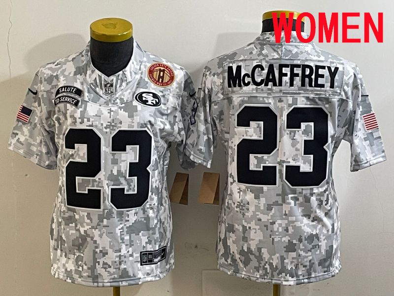 Women San Francisco 49ers 23 Mccaffrey Nike Arctic Camo 2025 Salute to Service Limited NFL Jersey style 4